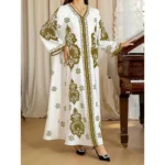 Long Dress Abayas Women Eid Muslim Dresses Bronzing Print V Neck Jalabiya Arab Morocco Dubai Kaftan 2025 Vestidos Ramadan Robe