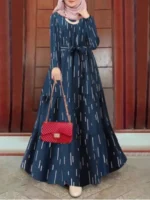 ⁦Eid Muslim Abaya for Women Print Dress Jalabiya Lace Up Saudi Arab Long Robe Ramadan Morocco Dubai Abayas Kaftan Islam Vestidos⁩ - الصورة ⁦6⁩